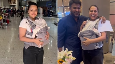 Swara Bhasker and Fahad Ahmed with their daughter at airport. Swara Bhasker and Fahad Ahmed with their daughter at airport.