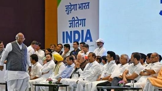 Opposition’s Indian National Developmental Inclusive Alliance (INDIA) leaders during a press conference. (ANI)