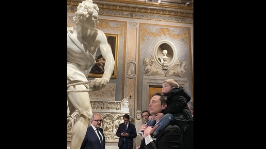 Elon Musk and his son X Æ A-12 in Rome's Borghese Gallery. (X/@elonmusk)