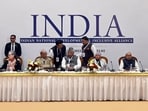 New Delhi, India - Dec. 19, 2023: Congress President Mallikarjun Kharge with party leaders Sonia Gandhi and Rahul Gandhi, Bihar CM Nitish Kumar, West Bengal CM and TMC chief Mamata Banerjee, NCP chief Sharad Pawar, RJD chief Lalu Prasad Yadav, Tamil Nadu CM and DMK chief MK Stalin, CPI(M) General Secretary Sitaram Yechury, Shiv Sena (UBT) chief Uddhav Thackeray and other opposition leaders during the Indian National Developmental Inclusive Alliance (INDIA) meeting, in New Delhi, India, on Tuesday, December 19, 2023.  (Photo by Sanjeev Verma/ Hindustan Times)