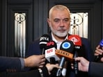 Israel-Hamas War: Qatar-based Hamas leader Ismail Haniyeh speaking to journalists. Israel-Hamas War: Qatar-based Hamas leader Ismail Haniyeh speaking to journalists.