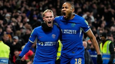 Chelsea's Mykhailo Mudryk, left, celebrates with teammate (AP) Chelsea's Mykhailo Mudryk, left, celebrates with teammate (AP)