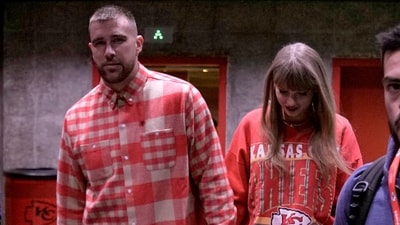 Travis Kelce and Taylor Swift leave Arrowhead stadium after an NFL football game between the Chiefs and the Los Angeles Chargers, Sunday, Oct. 22, 2023, in Kansas City, Mo. (AP Photo/Charlie Riedel) (AP) Travis Kelce and Taylor Swift leave Arrowhead stadium after an NFL football game between the Chiefs and the Los Angeles Chargers, Sunday, Oct. 22, 2023, in Kansas City, Mo. (AP Photo/Charlie Riedel) (AP)