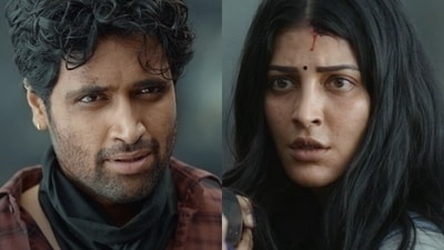 Adivi Sesh and Shruti Haasan in screen grabs from Dacoit title announcement Adivi Sesh and Shruti Haasan in screen grabs from Dacoit title announcement