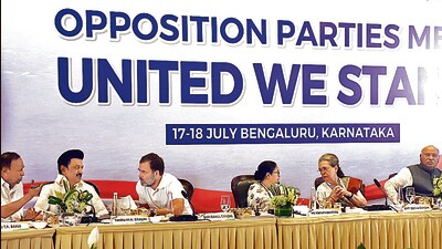 India's opposition leaders, from left, T.R.Baalu, M.K Stalin, Rahul Gandhi, Mamata Banerjee, Sonia Gandhi and Mallikarajun Kharge, attend a meeting of opposition parties where they announced their alliance named INDIA in Bengaluru, India, July 18, 2023. (AP) India's opposition leaders, from left, T.R.Baalu, M.K Stalin, Rahul Gandhi, Mamata Banerjee, Sonia Gandhi and Mallikarajun Kharge, attend a meeting of opposition parties where they announced their alliance named INDIA in Bengaluru, India, July 18, 2023. (AP)
