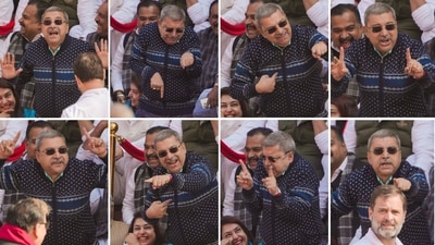 TMC's Kalyan Banerjee mimicks Rajya Sabha Chairman Jagdeep Dhankhar while staging a protest along with other suspended MPs during the Winter session of Parliament, in New Delhi, Tuesday, Dec. 19, 2023. (PTI) TMC's Kalyan Banerjee mimicks Rajya Sabha Chairman Jagdeep Dhankhar while staging a protest along with other suspended MPs during the Winter session of Parliament, in New Delhi, Tuesday, Dec. 19, 2023. (PTI)