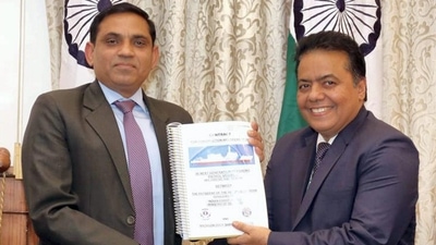 Officials during the signing of a contract between the Ministry of Defence and Mazagon Dockyard Shipbuilders Ltd for procurement of six Next Generation Offshore Patrol Vessels for Indian Coast Guard (ICG), on Wednesday (PTI) Officials during the signing of a contract between the Ministry of Defence and Mazagon Dockyard Shipbuilders Ltd for procurement of six Next Generation Offshore Patrol Vessels for Indian Coast Guard (ICG), on Wednesday (PTI)