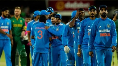 India's captain KL Rahul, far right, with teammates leave the field (AP) India's captain KL Rahul, far right, with teammates leave the field (AP)