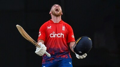 Phil Salt of England celebrates his century during the 4th T20I against the West Indies (AFP) Phil Salt of England celebrates his century during the 4th T20I against the West Indies (AFP)