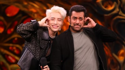 K-pop singer Aoora and Salman Khan on Bigg Boss 17. K-pop singer Aoora and Salman Khan on Bigg Boss 17.