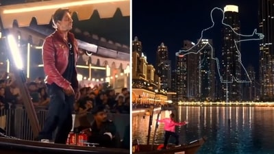 Shah Rukh Khan watches the Dunki drone show in Dubai. Shah Rukh Khan watches the Dunki drone show in Dubai.