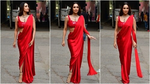 Malaika Arora poses for the paparazzi in a red thigh-slit saree. (HT Photo/Varinder Chawla) Malaika Arora poses for the paparazzi in a red thigh-slit saree. (HT Photo/Varinder Chawla)