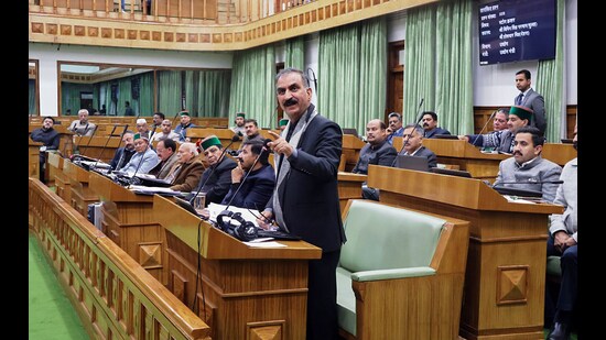 Himachal Pradesh chief minister Sukhvinder Singh Sukhu addresses the Winter Session of the State Legislative Assembly, at Vidhansabha in Tapovan in Dharamshala on Wednesday. (ANI)