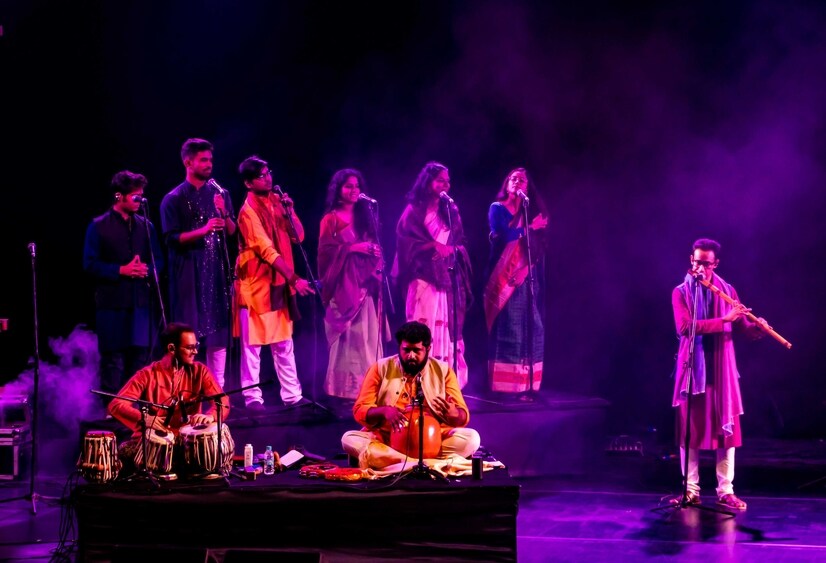 Members of the Anirudh Varma Collective perform classical Indian music. Members of the Anirudh Varma Collective perform classical Indian music.