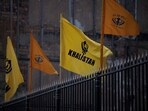 Flags promoting the movement seeking to create a homeland for Sikhs by establishing a sovereign state called Khalistan, flaps in the air outside Guru Nanak Gurdwara, in Smethwick, near Birmingham, central England, (Photo by Oli SCARFF / AFP)