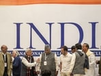 Congress president Mallikarjun Kharge with party leaders Rahul Gandhi and KC Venugopal, DMK leader TR Baalu, CPI General Secretary D Raja, NCP chief Sharad Pawar, CPI(M) leader Sitaram Yechury and others during a press conference after the Indian National Developmental Inclusive Alliance's (INDIA) meeting, in New Delhi, Tuesday, Dec. 19, 2023.