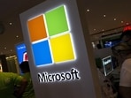 The Microsoft logo is seen at the Microsoft store in New York City.