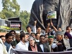 Opposition parties protest near Gandhi statue on Wednesday. (ANI)