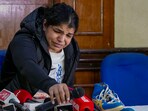Wrestler Sakshi Malik during a press conference after Sanjay Singh, an associate of BJP MP and former chief of Wrestling Federation of India (WFI) Brij Bhushan Sharan Singh, became the new President of WFI, in New Delhi, Thursday, Dec. 21, 2023. 