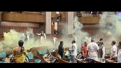 Two men entered the Lok Sabha on December 13 and sprayed yellow smoke in a major security breach. Two men entered the Lok Sabha on December 13 and sprayed yellow smoke in a major security breach.