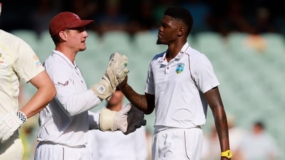 West Indies' Alzarri Joseph, right, is congratulated by teammate Joshua de Silva (AP) West Indies' Alzarri Joseph, right, is congratulated by teammate Joshua de Silva (AP)