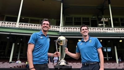 Australian cricketers Mitchell Starc (L) and team captain Pat Cummins pose with the ICC Men's Cricket World Cup 2023 Trophy during a media opportunity at the Sydney Cricket Ground on November 28, 2023 (AFP) Australian cricketers Mitchell Starc (L) and team captain Pat Cummins pose with the ICC Men's Cricket World Cup 2023 Trophy during a media opportunity at the Sydney Cricket Ground on November 28, 2023 (AFP)