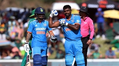 India's Sanju Samson celebrates his century with Rinku Singh. (REUTERS)