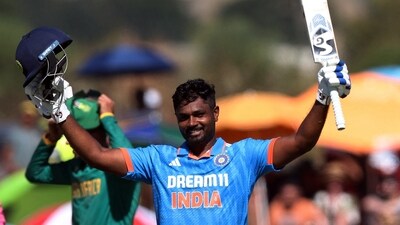 India's Sanju Samson celebrates his century (REUTERS)