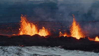The Icelandic Meteorological Office estimated that hundreds of cubic meters of lava per second flowed out in the first two hours of the eruption.&nbsp; (AP)
