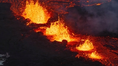 First there was a series of small earthquakes. Then lava that's around 1,200 C (nearly 2,200 F) began pouring out of a fissure about four kilometers (2½ miles) long.&nbsp; (AP)