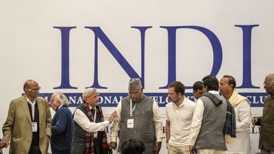 Congress president Mallikarjun Kharge with party leaders Rahul Gandhi and KC Venugopal, DMK leader TR Baalu, CPI General Secretary D Raja, NCP chief Sharad Pawar, CPI(M) leader Sitaram Yechury and others during a press conference after the Indian National Developmental Inclusive Alliance's (INDIA) meeting, in New Delhi, Tuesday, Dec. 19, 2023. (PTI) Congress president Mallikarjun Kharge with party leaders Rahul Gandhi and KC Venugopal, DMK leader TR Baalu, CPI General Secretary D Raja, NCP chief Sharad Pawar, CPI(M) leader Sitaram Yechury and others during a press conference after the Indian National Developmental Inclusive Alliance's (INDIA) meeting, in New Delhi, Tuesday, Dec. 19, 2023. (PTI)