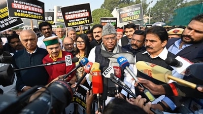 Parliamentarians of the Indian National Developmental Inclusive Alliance (INDIA) bloc are holding a march from Parliament House to Vijay Chowk. (HT/Raj K Raj) Parliamentarians of the Indian National Developmental Inclusive Alliance (INDIA) bloc are holding a march from Parliament House to Vijay Chowk. (HT/Raj K Raj)