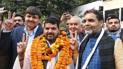 Former Wrestling Federation of India (WFI) chief Brij Bhushan Sharan Singh with newly appointed WFI chief Sanjay Singh. (ANI) Former Wrestling Federation of India (WFI) chief Brij Bhushan Sharan Singh with newly appointed WFI chief Sanjay Singh. (ANI)