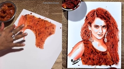 Artist using mango pickle to make Kangana Ranaut’s portrait. (Instagram/@artist_shintu_mourya) Artist using mango pickle to make Kangana Ranaut’s portrait. (Instagram/@artist_shintu_mourya)