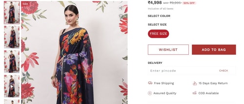 Rashmika's black floral printed saree is from Rohit Bal and comes with a price tag of ₹4,998. (www.biba.in) Rashmika's black floral printed saree is from Rohit Bal and comes with a price tag of ₹4,998. (www.biba.in)