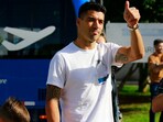 Gremio's Uruguayan forward Luis Suarez, accompanied by his daughter and son, thumbs up to fans during his farewell at the Salgado Filho airport in Porto Alegre, Brazil on December 8, 2023 Gremio's Uruguayan forward Luis Suarez, accompanied by his daughter and son, thumbs up to fans during his farewell at the Salgado Filho airport in Porto Alegre, Brazil on December 8, 2023
