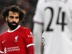 Liverpool's Egyptian striker #11 Mohamed Salah reacts during the English League Cup quarter-final football match between Liverpool and West Ham United at Anfield in Liverpool