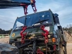 A damaged Indian Army vehicle after an attack by terrorists in Poonch district on Thursday, 