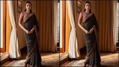 Aditi Rao Hydari's dazzling saree comes in an alluring black shade adorned with shimmer all over. It features a heavy border all over embellished with intriacte hand work deatiling. She teamed the saree with a contrasting elbow-length sleeved blouse and draped the it elegantly with the pallu falling beautifully from the shoulders. (Instagram/@aditiraohydari) Aditi Rao Hydari's dazzling saree comes in an alluring black shade adorned with shimmer all over. It features a heavy border all over embellished with intriacte hand work deatiling. She teamed the saree with a contrasting elbow-length sleeved blouse and draped the it elegantly with the pallu falling beautifully from the shoulders. (Instagram/@aditiraohydari)