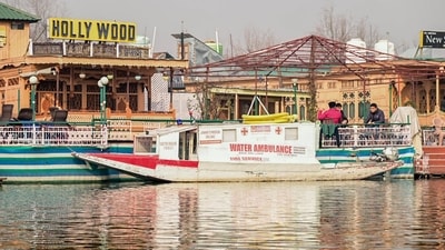 A view of a boat ambulance with siren and speakers at Dal Lake, in Srinagar on Thursday. Winter wonderland in Jammu and Kashmir: Tourists delight in frozen Dal Lake shikara rides (ANI Photo/Shilpa Thakur) A view of a boat ambulance with siren and speakers at Dal Lake, in Srinagar on Thursday. Winter wonderland in Jammu and Kashmir: Tourists delight in frozen Dal Lake shikara rides (ANI Photo/Shilpa Thakur)