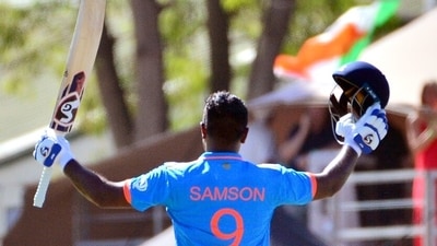 India's Sanju Samson celebrates his century during the 3rd ODI match against South Africa of India's tour of South Africa, 2023-24 at Boland Park, Paarl (ICC Twitter) India's Sanju Samson celebrates his century during the 3rd ODI match against South Africa of India's tour of South Africa, 2023-24 at Boland Park, Paarl (ICC Twitter)