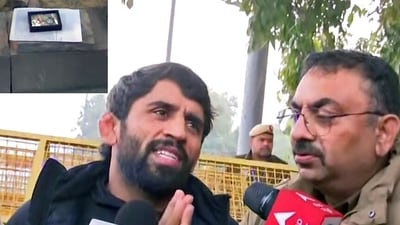 A combination of pictures shows the Padma Shri award that is placed on the pavement near Kartavya Path by wrestler Bajrang Punia as he speaks to the media on returning his award after former Wrestling Federation of India (WFI) (ANI) A combination of pictures shows the Padma Shri award that is placed on the pavement near Kartavya Path by wrestler Bajrang Punia as he speaks to the media on returning his award after former Wrestling Federation of India (WFI) (ANI)