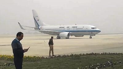 An IAF aircraft lands during a trial run of flights at the Ayodhya International Airport ahead of its inauguration on Friday. (PTI) An IAF aircraft lands during a trial run of flights at the Ayodhya International Airport ahead of its inauguration on Friday. (PTI)