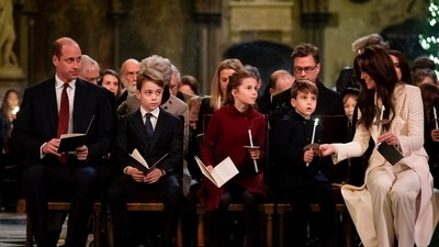 From left, Britain's Prince William, the Prince of Wales, Prince George, Princess Charlotte, Prince Louis and Kate, the Princess of Wales are seated. (AP) From left, Britain's Prince William, the Prince of Wales, Prince George, Princess Charlotte, Prince Louis and Kate, the Princess of Wales are seated. (AP)