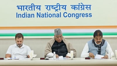 Congress President Mallikarjun Kharge, party leader Rahul Gandhi and party General Secretary in-charge (Organisation) KC Venugopal at the party headquarters, in New Delhi. (ANI) Congress President Mallikarjun Kharge, party leader Rahul Gandhi and party General Secretary in-charge (Organisation) KC Venugopal at the party headquarters, in New Delhi. (ANI)