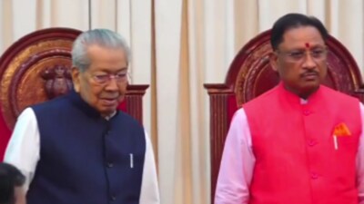 Governor Biswabhusan Harichandan (left) and Chhattisgarh chief minister Vishnu Deo Sai (right) (Twitter Photo) Governor Biswabhusan Harichandan (left) and Chhattisgarh chief minister Vishnu Deo Sai (right) (Twitter Photo)