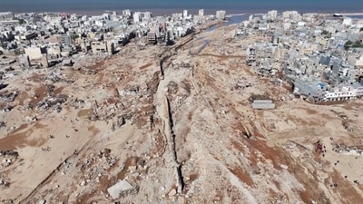 Libya Floods: Over the weekend, Mediterranean storm Daniel caused devastating floods in Eastern Libya that broke dams and swept away entire neighbourhoods in multiple coastal towns. The massive flooding killed more than 4,300 people.&nbsp;&nbsp; (Marwan Alfaituri via REUTERS)