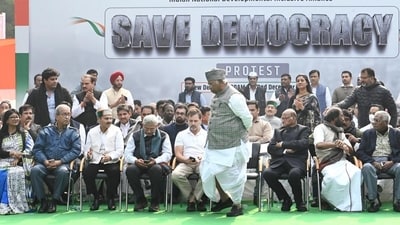 Leaders of the INDIA bloc at Jantar Mantar in New Delhi on Friday. (Vipin Kumart/HT Photo)