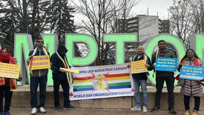 Members of the Jain community protesting in the Greater Toronto Area on Saturday against encroachment and threat to safety of devotees visiting one of the religion’s holiest pilgrimage spots in India. (Credit: VJS Canada)