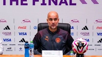 Manchester City's head coach Pep Guardiola attends a press conference at the King Abdullah Sports City Stadium in Jeddah, Saudi Arabia, Thursday, Dec. 21 (AP)